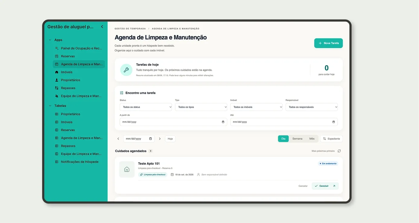 Agenda de Limpeza e Manutenção com tarefas de hoje, filtros, visões de dia, semana e mês e limpeza pós-checkout