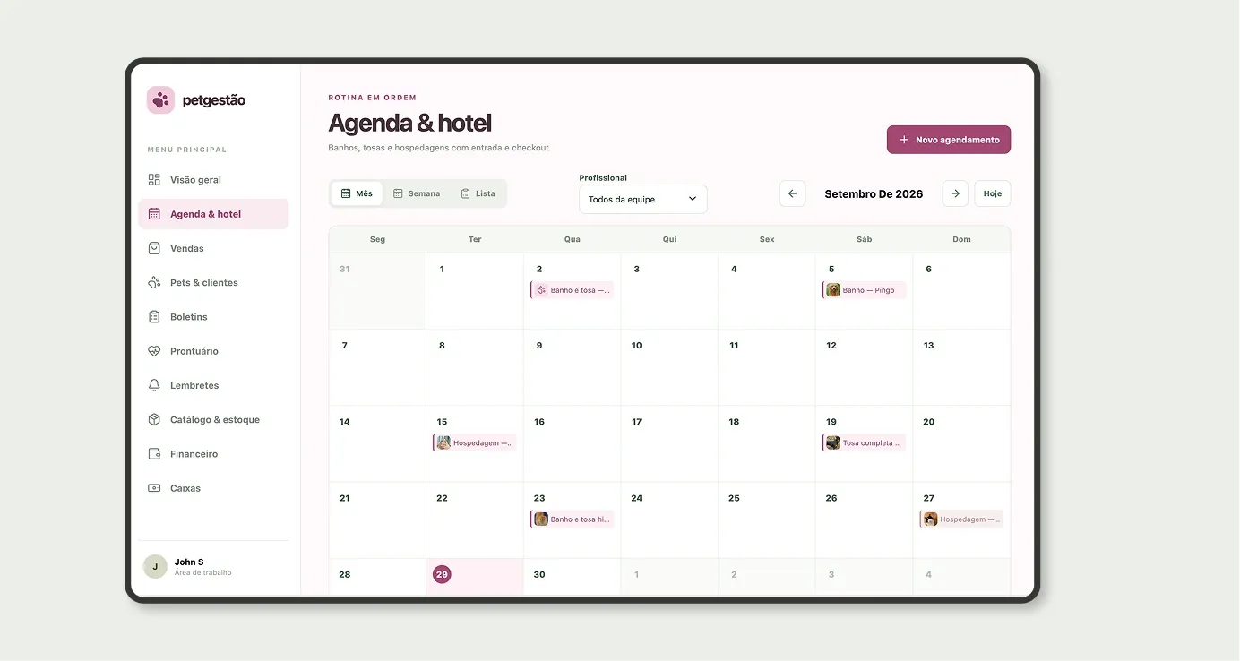 Agenda & hotel do pet shop na visão por mês, com banhos, tosas e hospedagens de cada dia