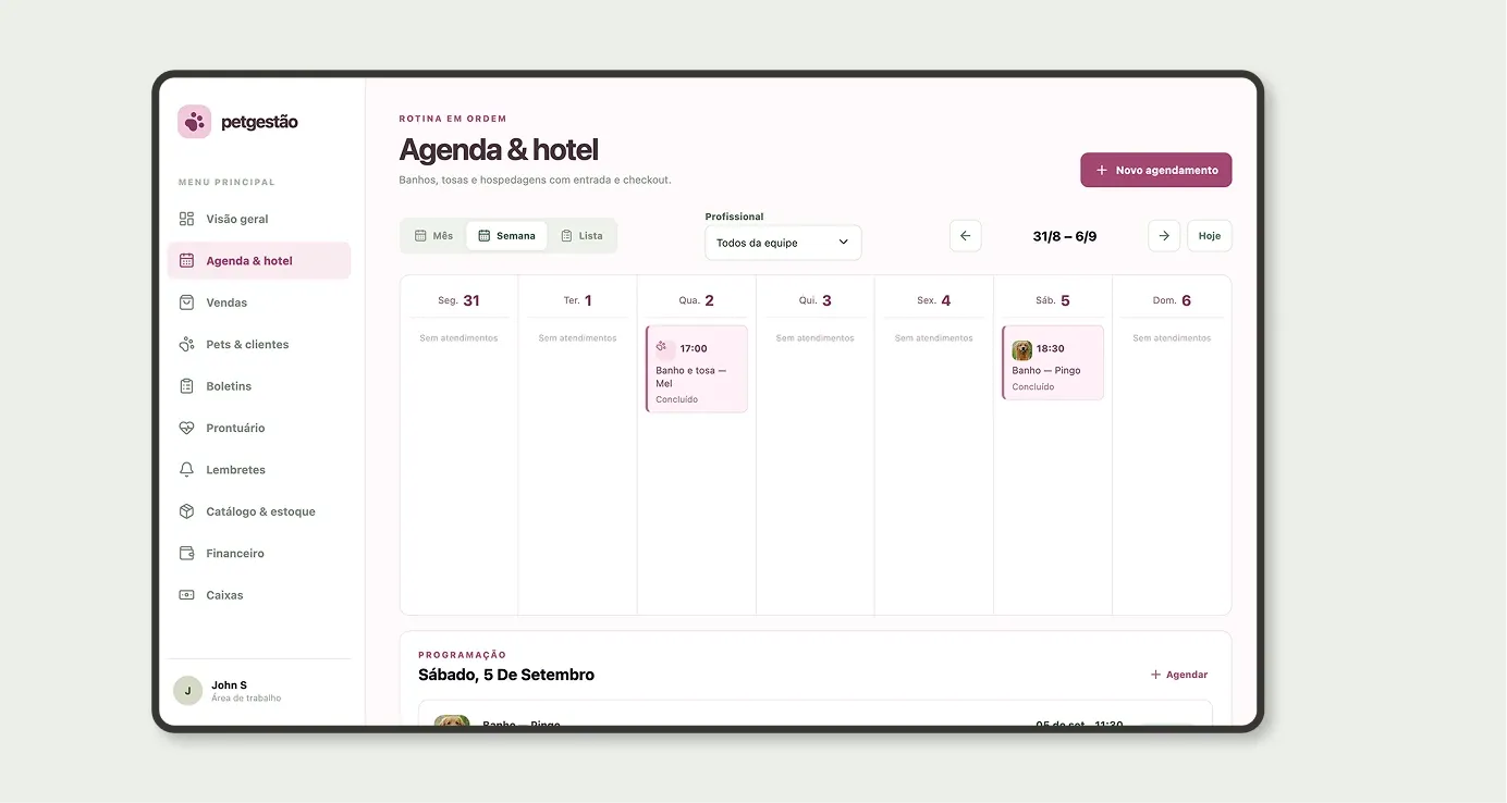 Agenda & hotel na visão por semana, com horário, serviço, pet e status de cada atendimento