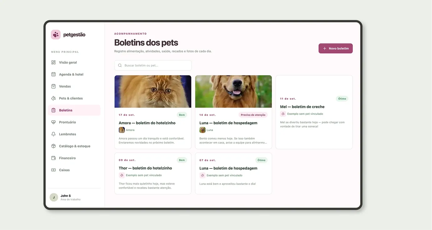 Boletins dos pets com o resumo do dia no hotelzinho, na hospedagem ou na creche e como o pet está