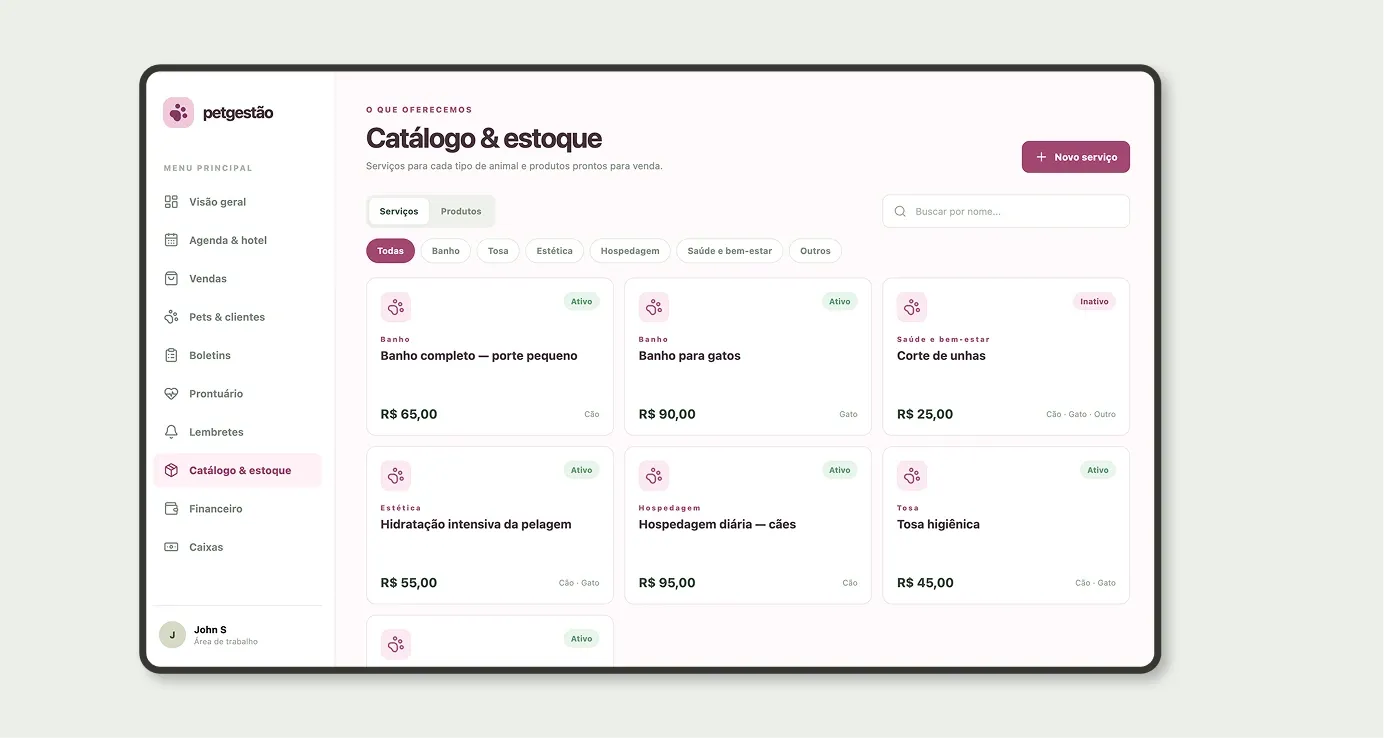 Catálogo & estoque com serviços de banho, tosa, estética, hospedagem e saúde, preço e espécie atendida