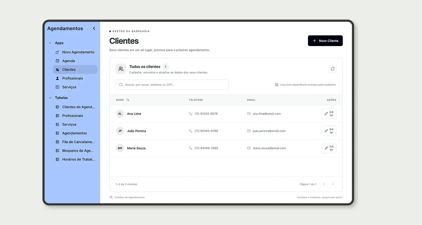 App Clientes da barbearia com nome, telefone e e-mail e busca por nome, telefone ou CPF