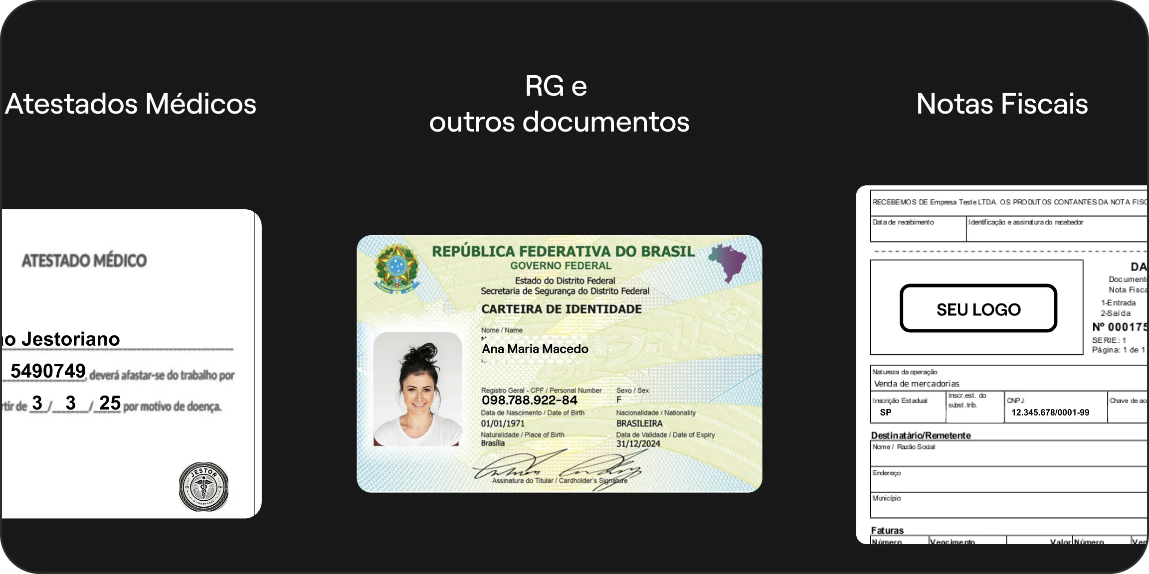 Leia recibos, faturas, documentos de identidade