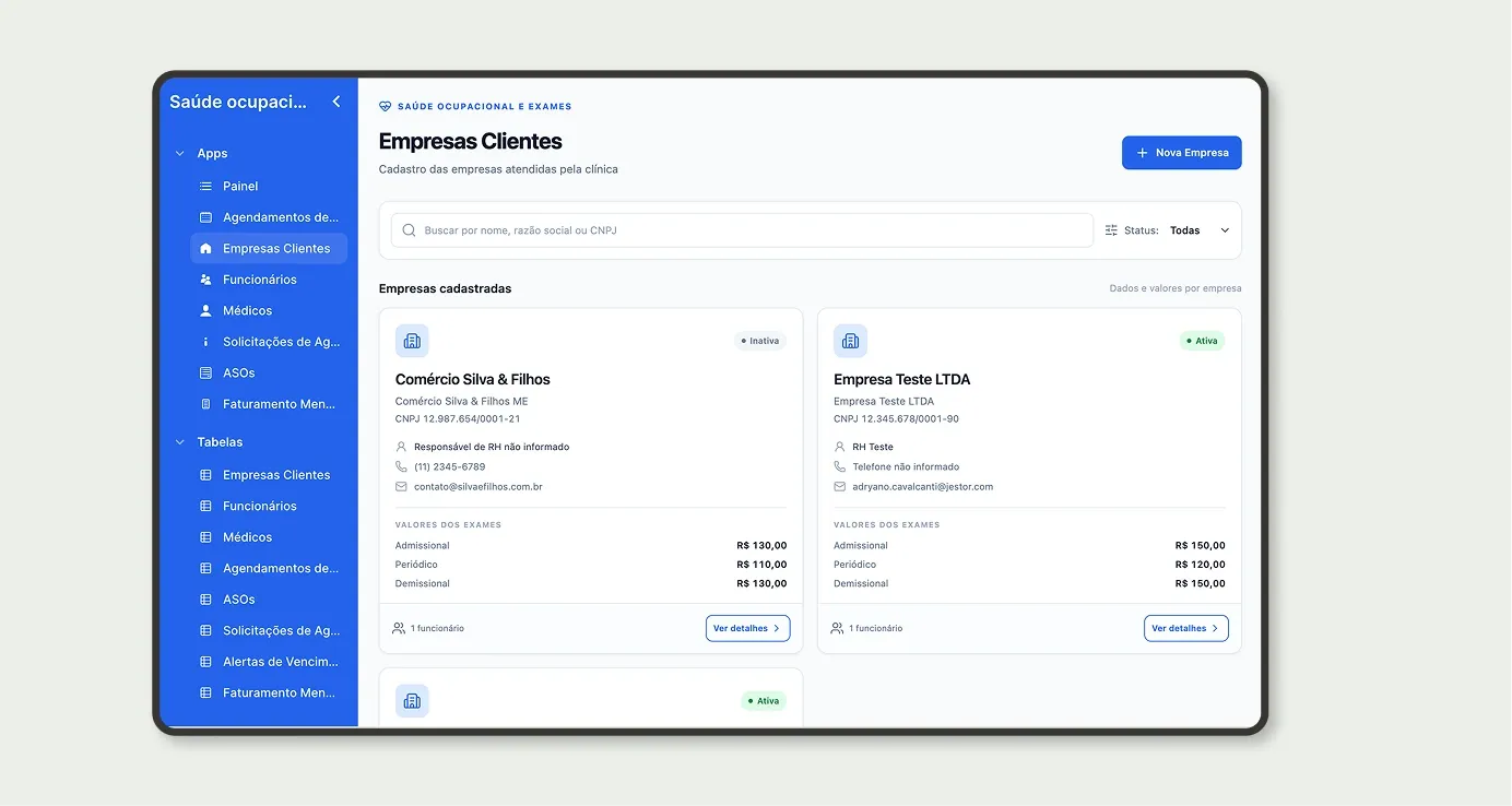 App Empresas Clientes com CNPJ, contato do RH e valores dos exames admissional, periódico e demissional