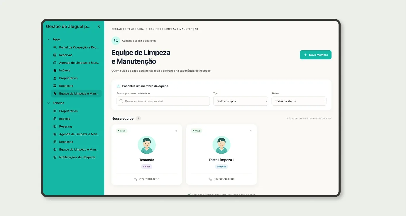 App Equipe de Limpeza e Manutenção com membros, tipo de atuação, status e telefone