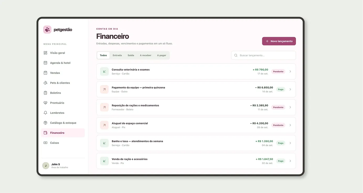 App Financeiro do pet shop com entradas e saídas, contas a receber e a pagar, valor e status