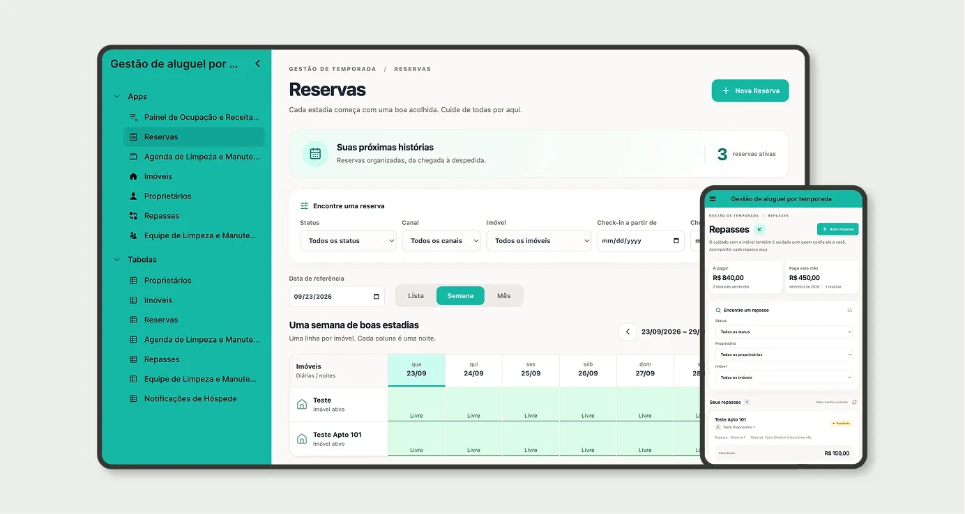 Gestão de Aluguel por Temporada no Jestor: app Reservas com calendário semanal por imóvel e app mobile de Repasses