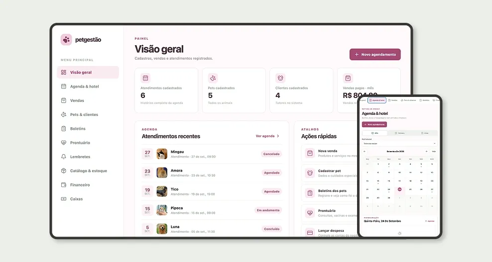 Sistema de Gestão para Pet Shop no Jestor: visão geral com atendimentos recentes no desktop e agenda do mês no celular