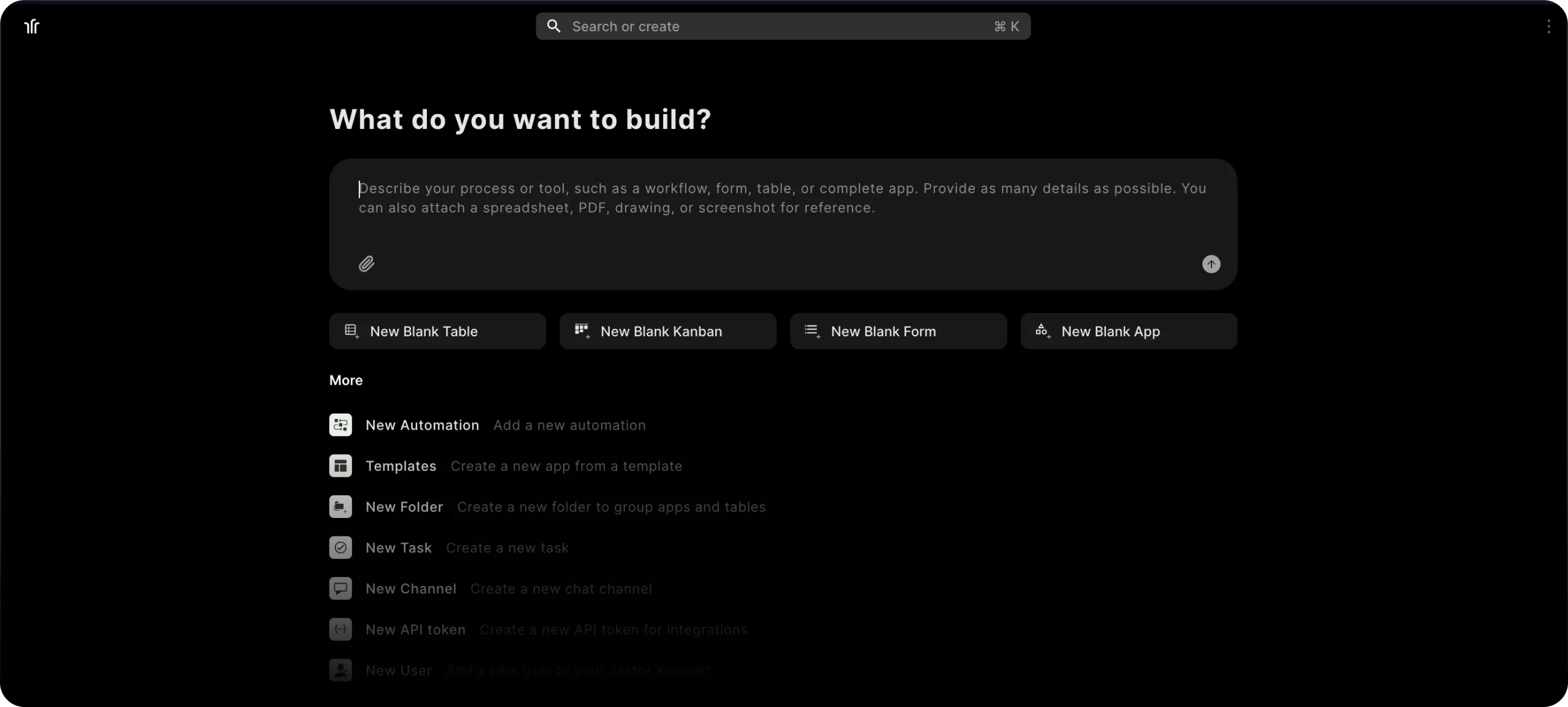 Interface da IA da Jestor mostrando um usuário interagindo com a IA para construir uma nova aplicação.