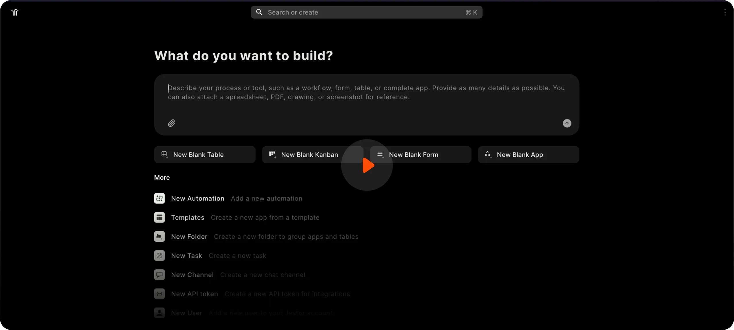 Jestor AI interface showing a user interacting with the AI to build a new application.