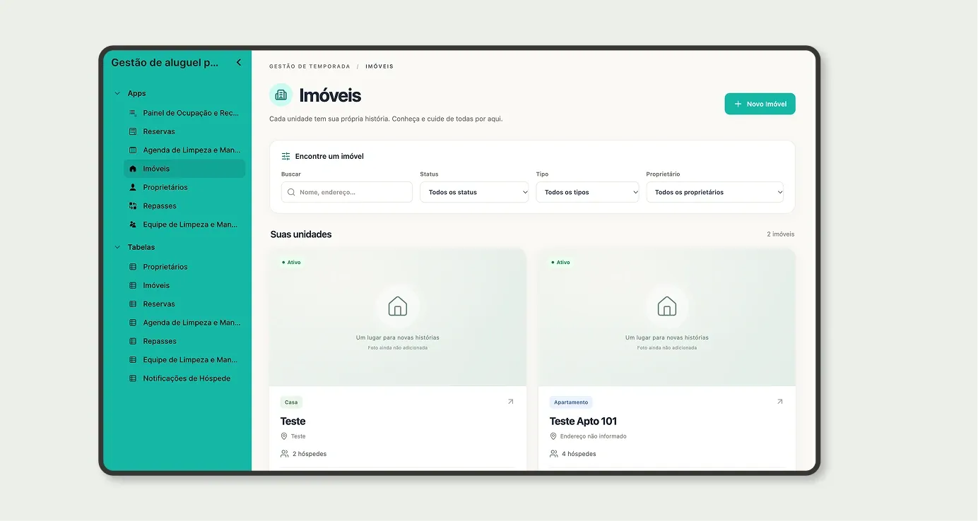 App Imóveis com as unidades em cards, status, tipo, endereço e capacidade de hóspedes
