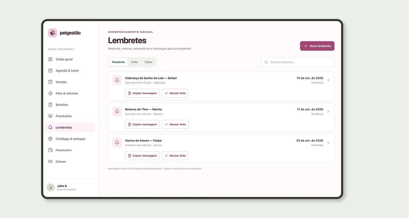 App Lembretes com retornos, vacinas e cobranças pendentes e botões para copiar a mensagem e marcar como feito