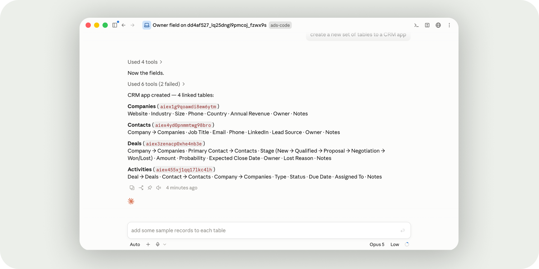 Jestor MCP server creating tables and apps from an external AI client