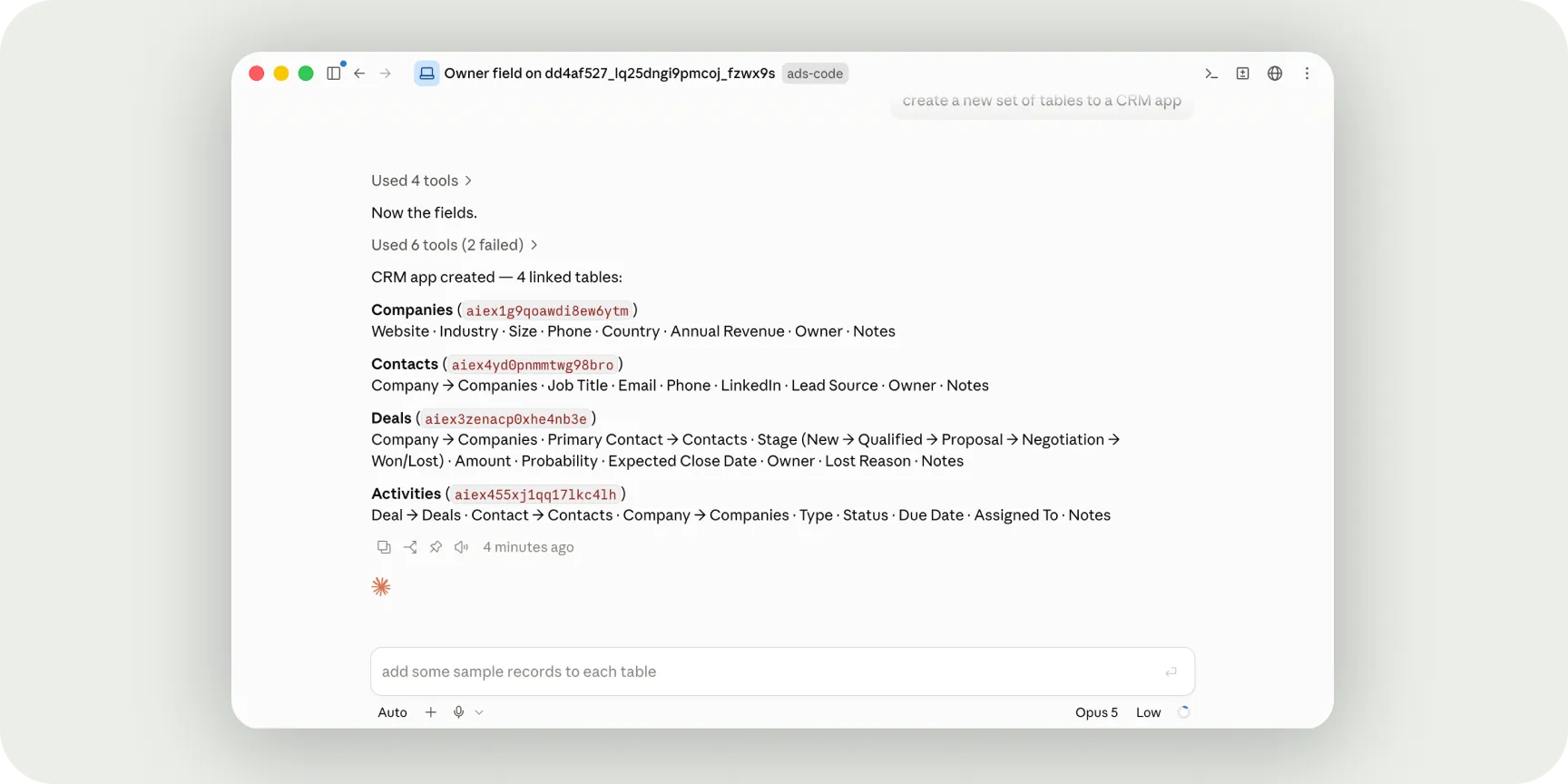 Jestor MCP server creating tables and apps from an external AI client