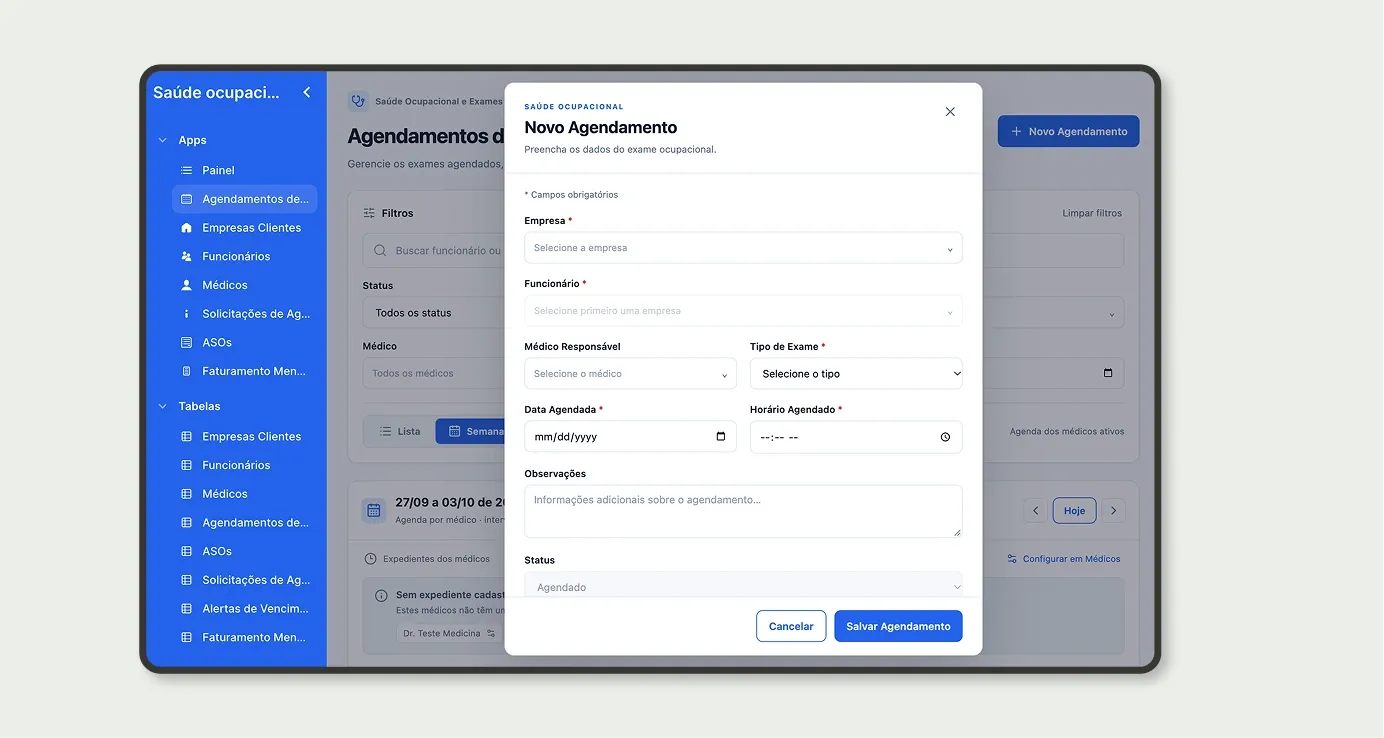 Formulário de novo agendamento de exame ocupacional com empresa, funcionário, médico, tipo de exame, data e horário