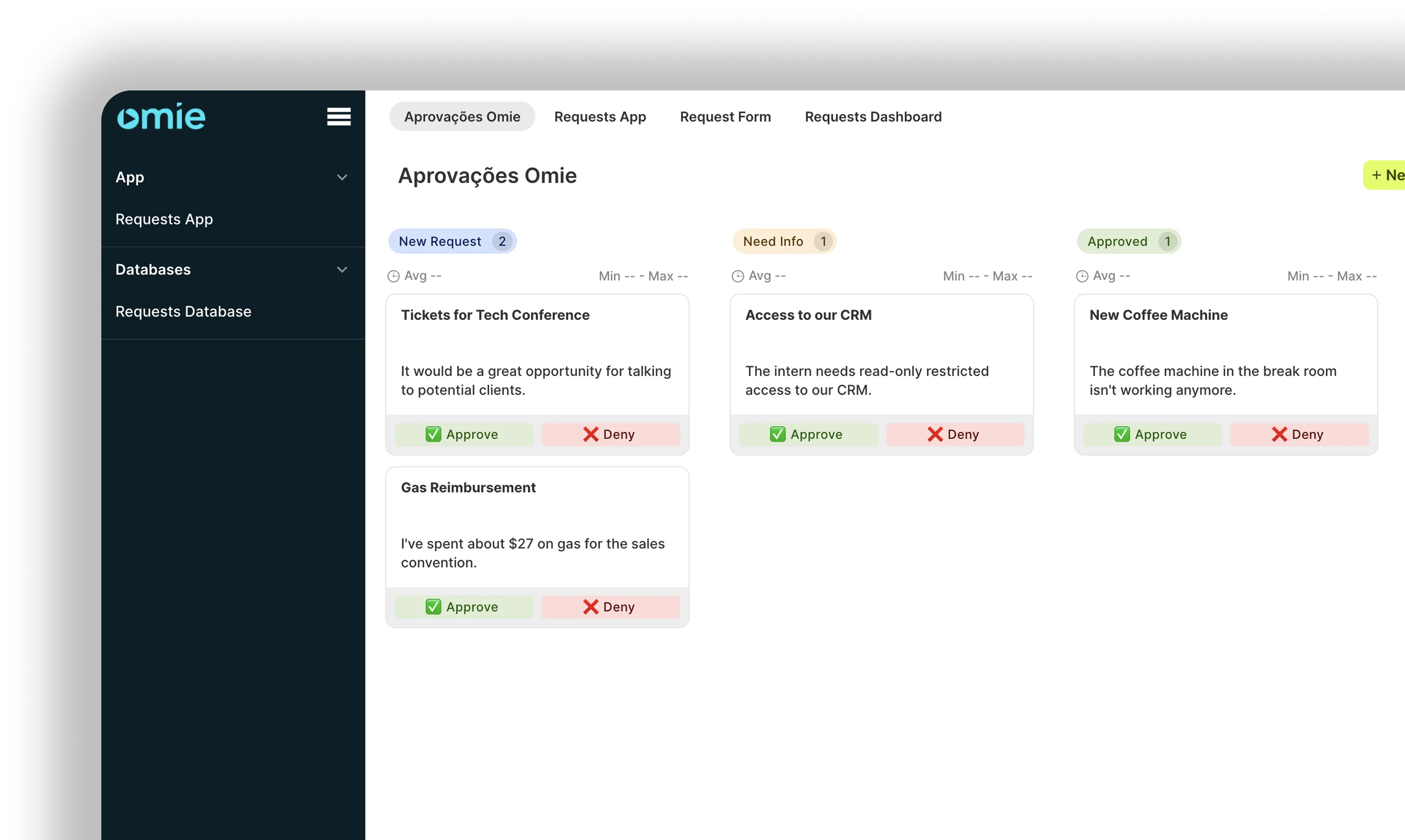 Interface de alçadas de aprovação ERP mostrando Requests App