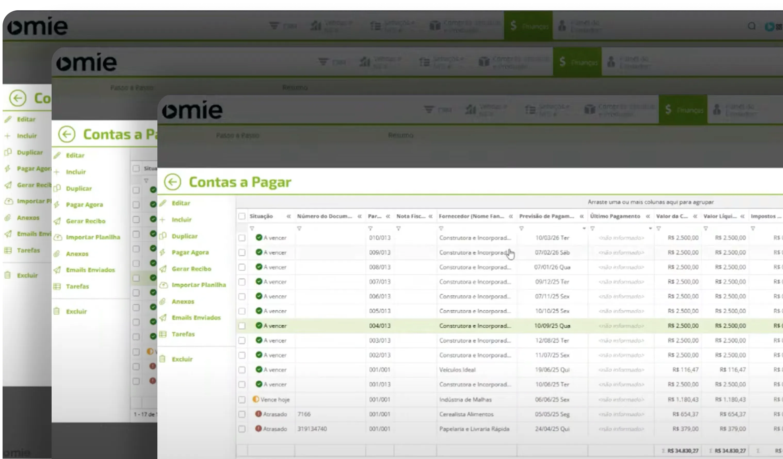 Omie multiple CNPJ management interface showing split processes
