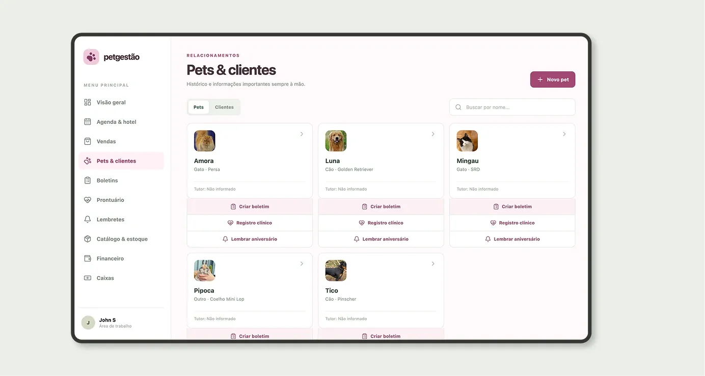 App Pets & clientes com foto, espécie e raça de cada pet e atalhos para boletim, registro clínico e aniversário