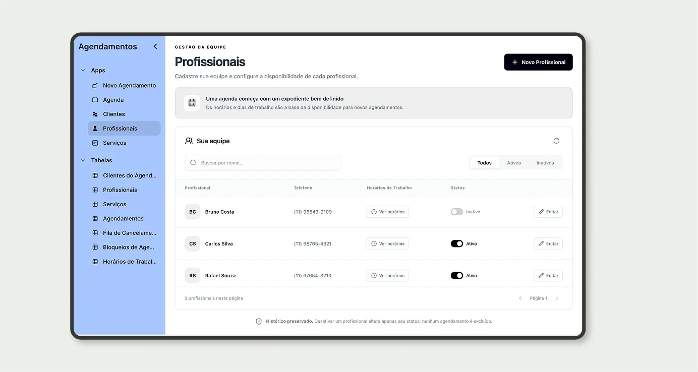 App Profissionais com a equipe da barbearia, telefone, horários de trabalho e status ativo ou inativo