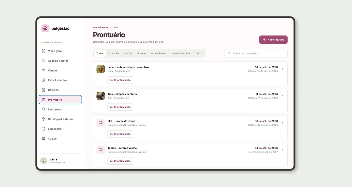 Prontuário do pet com consultas, vacinas, exames, procedimentos e antiparasitários e a data de retorno