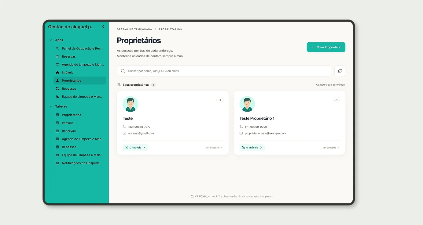 App Proprietários com contatos, telefone, e-mail e número de imóveis de cada proprietário
