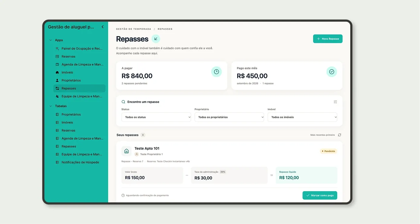 App Repasses com total a pagar, pago no mês e cálculo de valor bruto, taxa de administração e repasse líquido