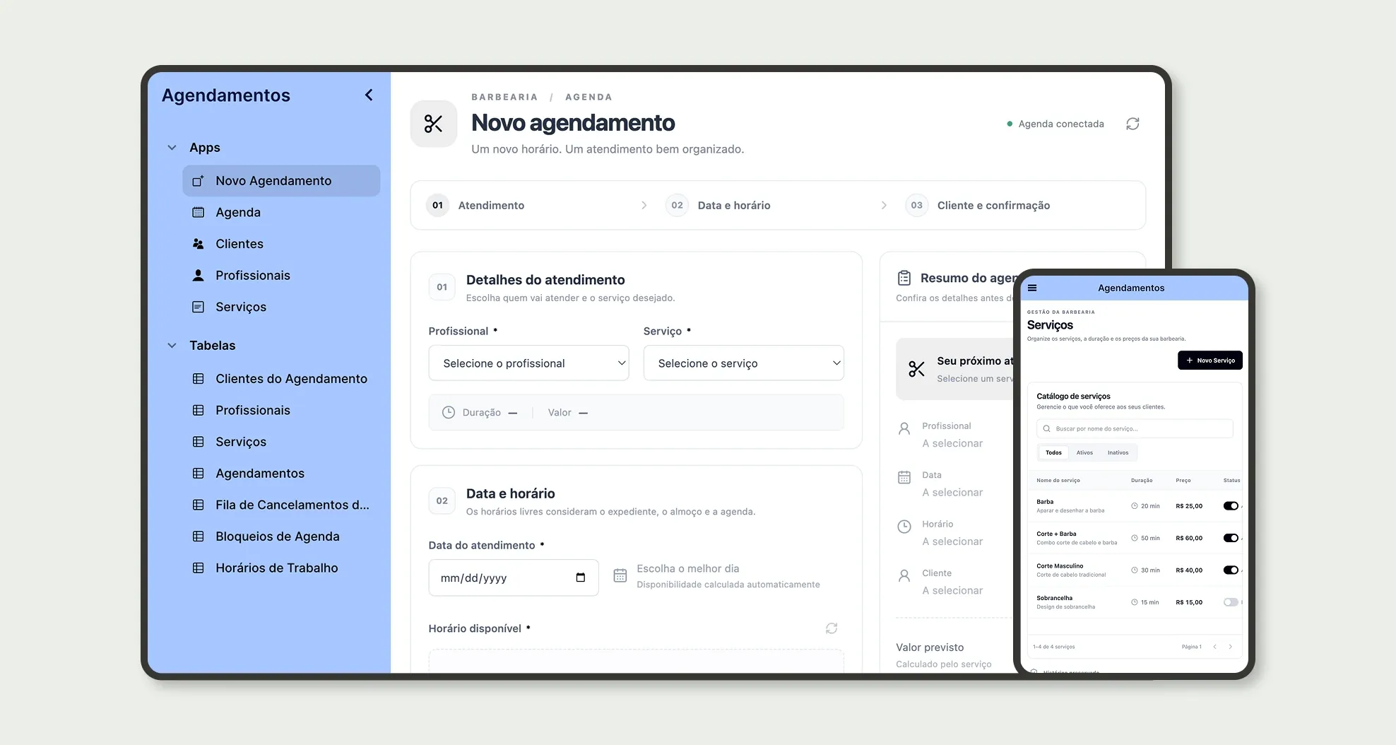 Sistema de Agendamento para Barbearia no Jestor: novo agendamento no desktop e catálogo de serviços no celular