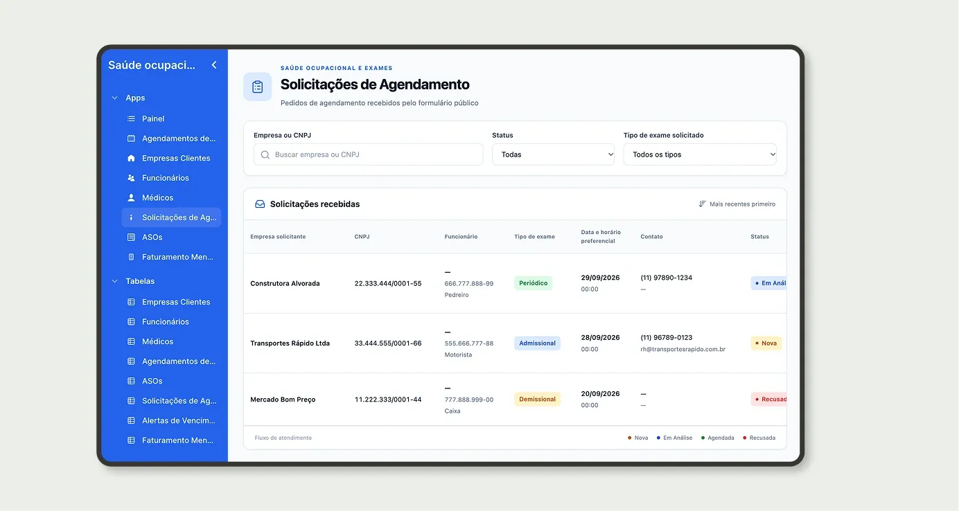 App Solicitações de Agendamento com pedidos recebidos pelo formulário público e status de cada pedido