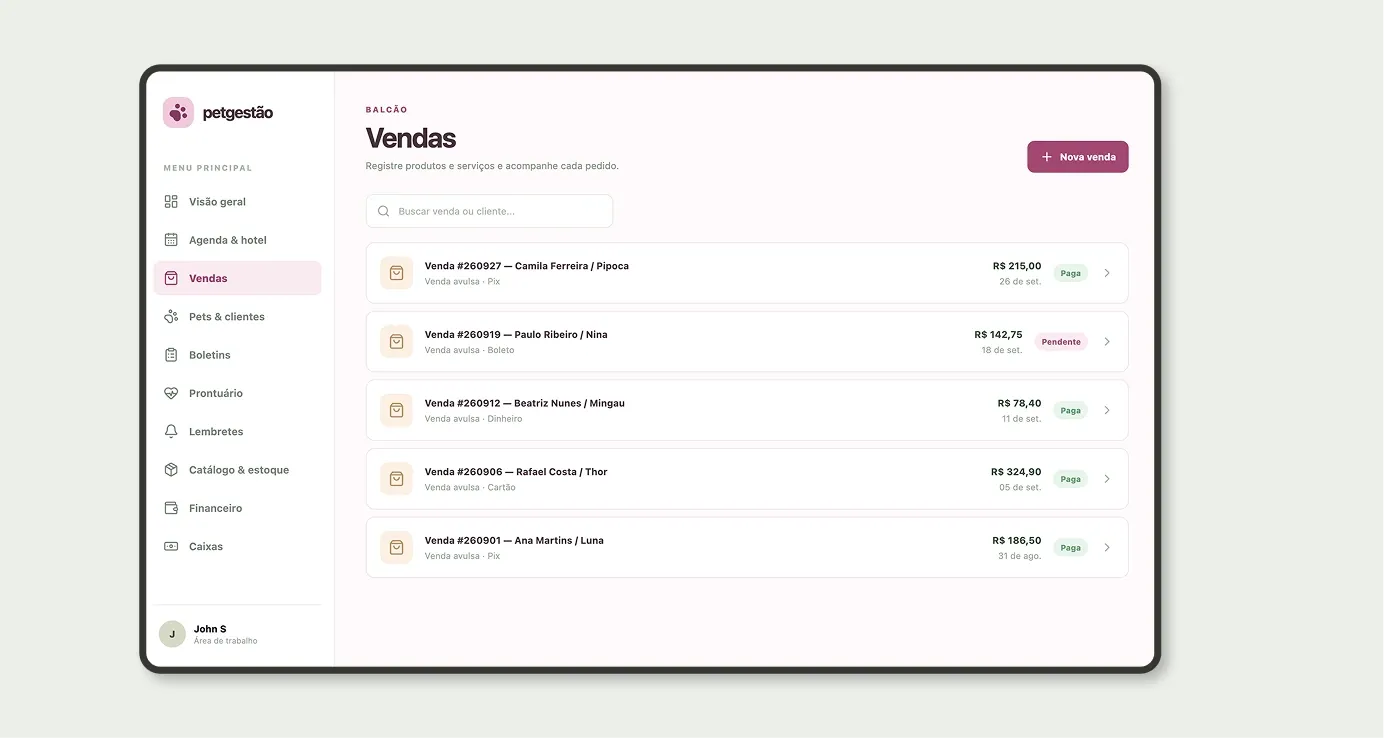 App Vendas do balcão com número da venda, cliente e pet, forma de pagamento, valor e status