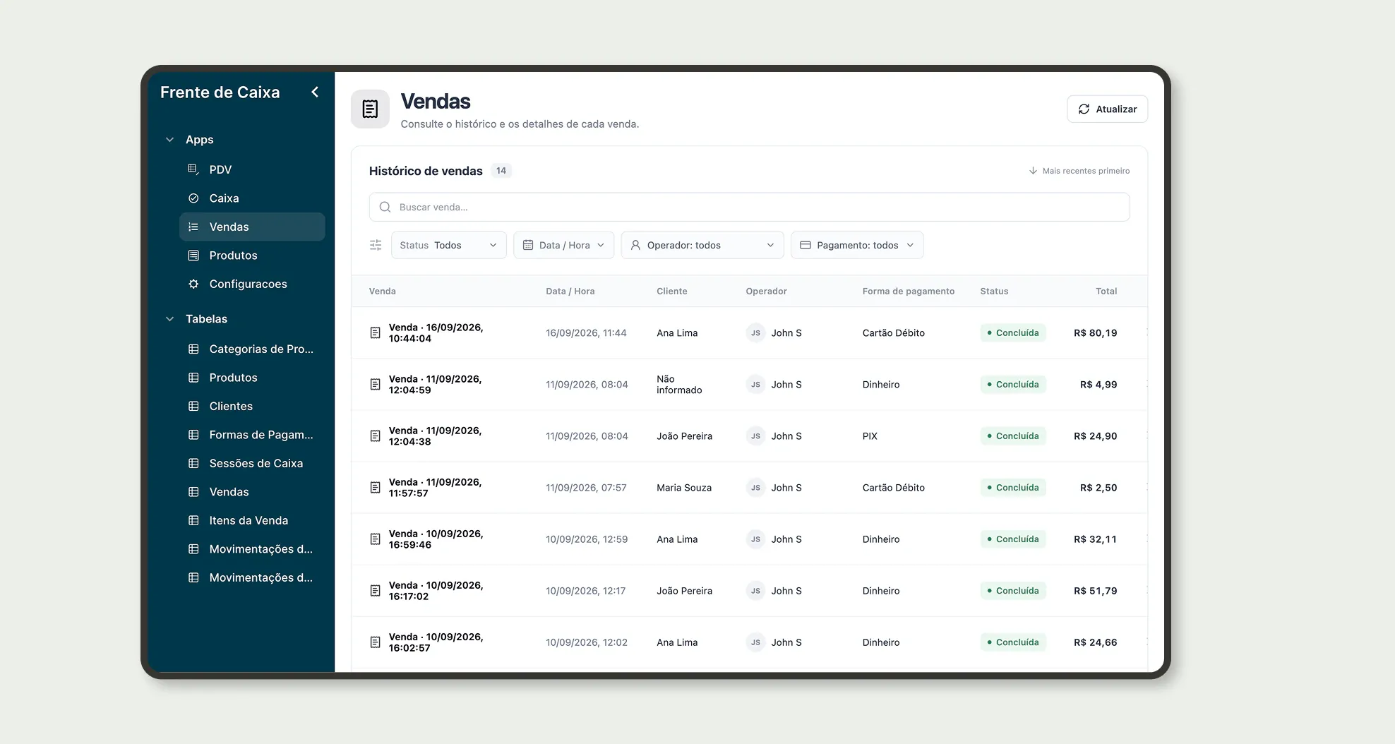 App Vendas do Frente de Caixa: histórico de vendas com filtros por status, data, operador e forma de pagamento