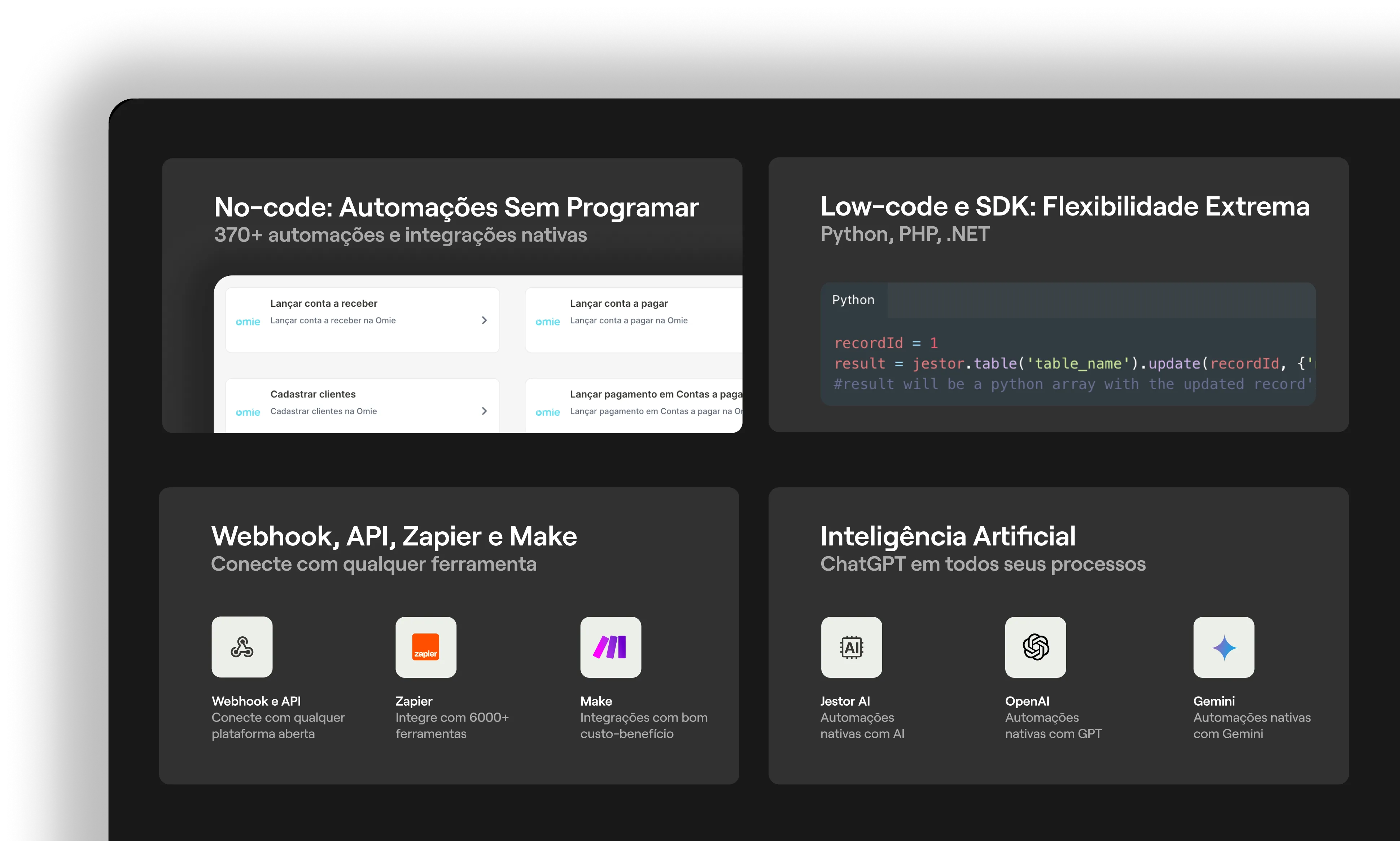 Interface de automação ERP mostrando capacidades de integração