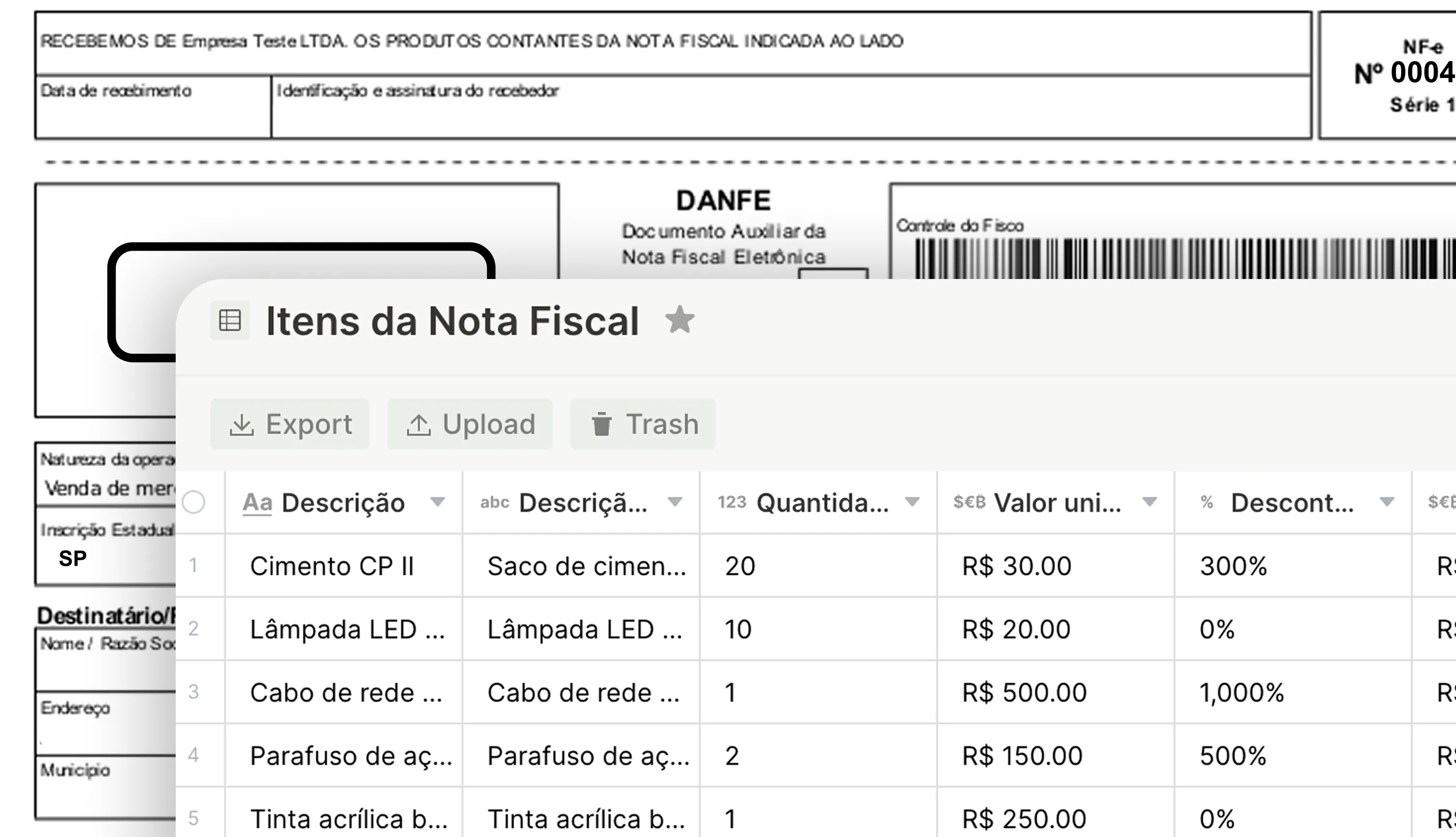Interface OCR do ERP mostrando leitura e processamento de notas fiscais